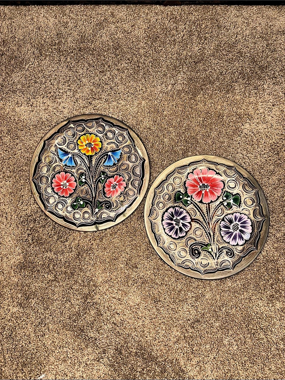 Vintage Hand-Etched Copper Floral Wall Plates Set of 2 - 24cm